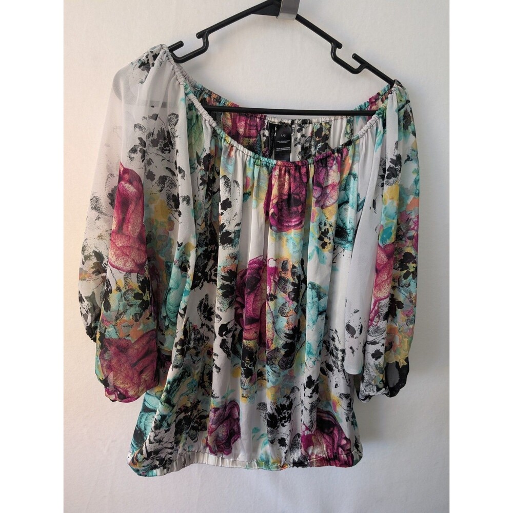 Bisou Bisou Floral Peasant Blouse Women's Size Large Boho Flowy